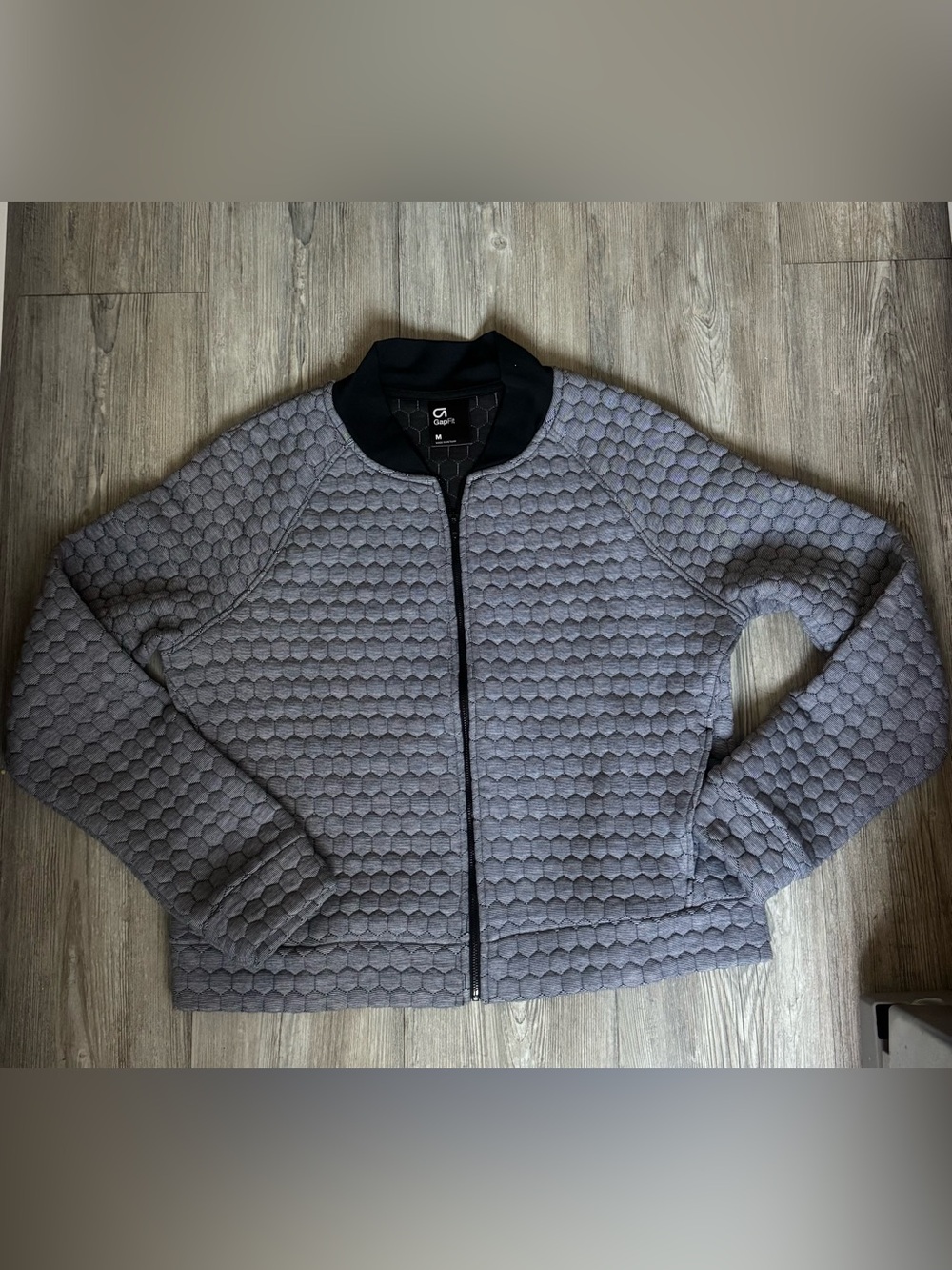 GAP Quilted Bomber Jacket in Light Gray with Black Collar
